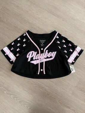 NWT Playboy Black & Pink Baseball Jersey Style Crop Top